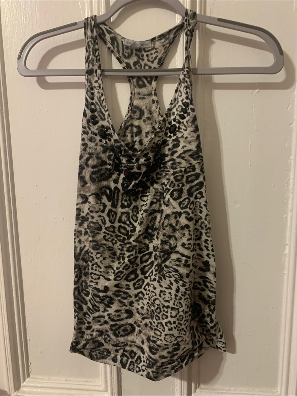 Cheetah / Leopard Print Racerback Tank Top, black and white with gems